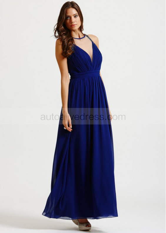 Royal Blue Chiffon V Neckline Long Prom Dress